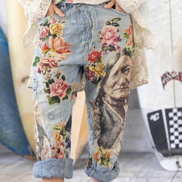 Magnolia Pearl Jeans Native American Linen Floral Miner Pants OS NWT - Picture 2 of 11